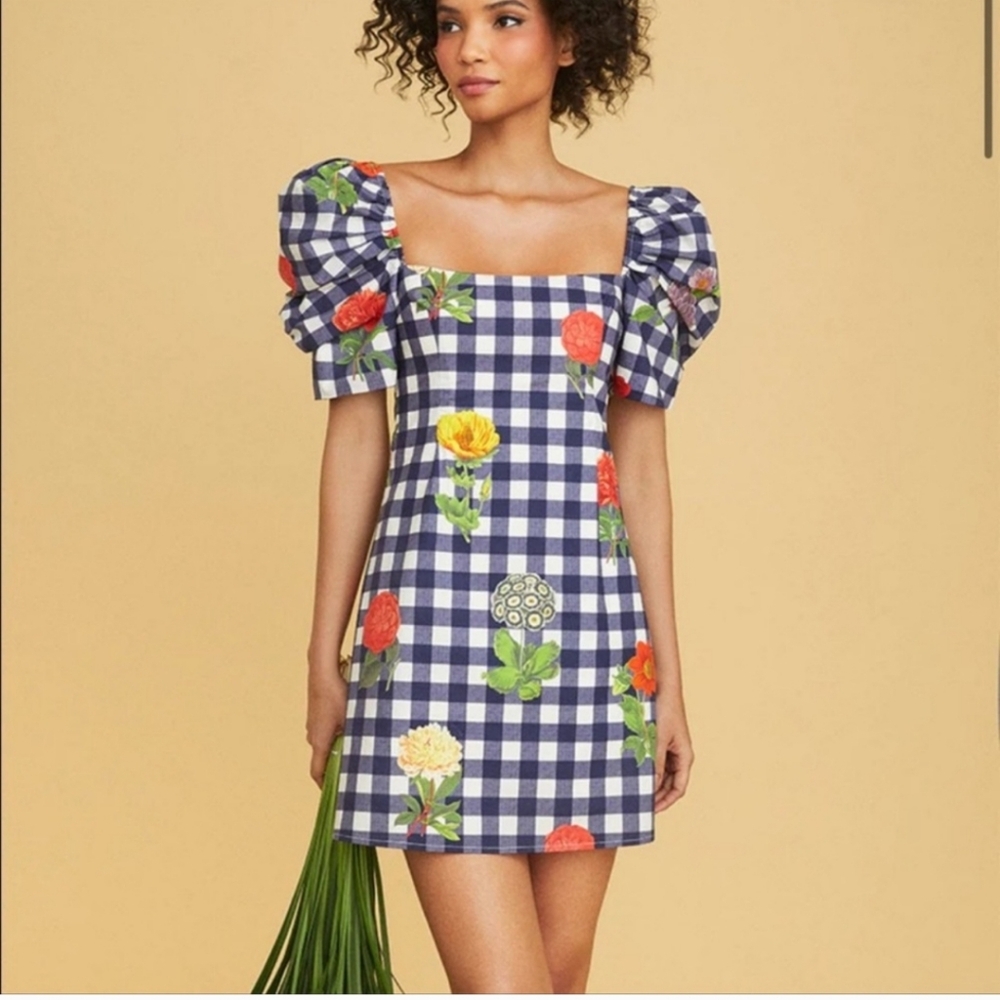 $395 Cara Cara Women's Blue Floral Checkered Print Kelly Cotton Dress Size Small